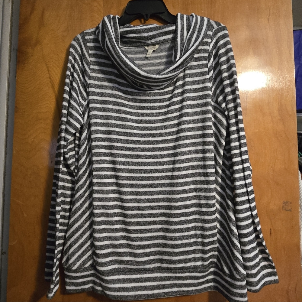 Sonoma Gray and White Striped Cowl Neck Sweater